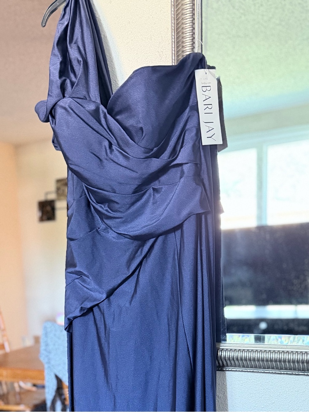 Bari Jay One-Shoulder Navy Evening Gown